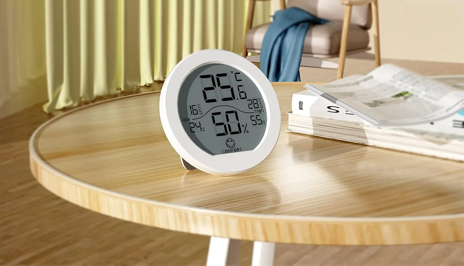 A SECRUI KR-TH1 hygrometer standing on a wooden table