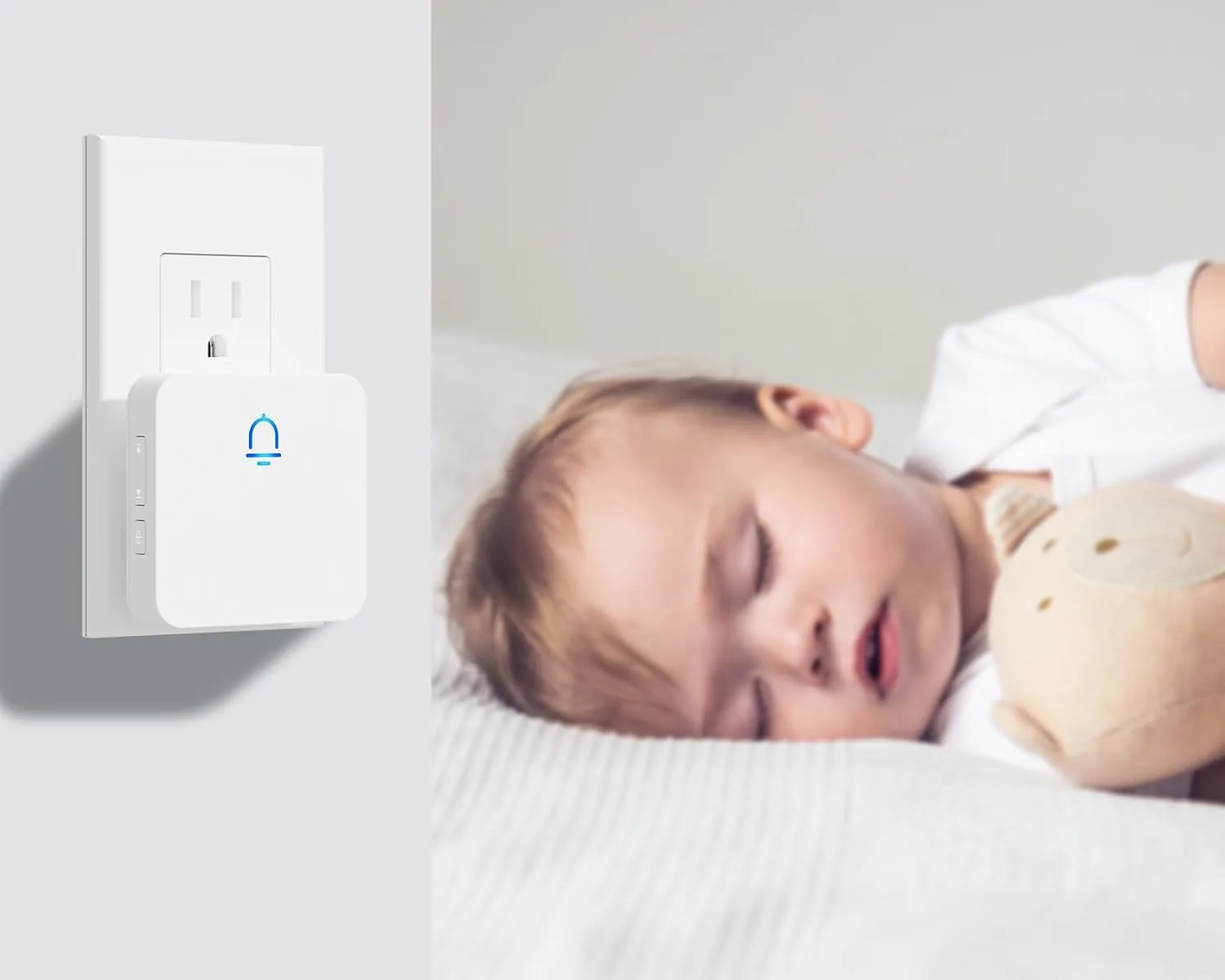 A SECRUI Flat Panel chime in an outlet beside a sleeping baby