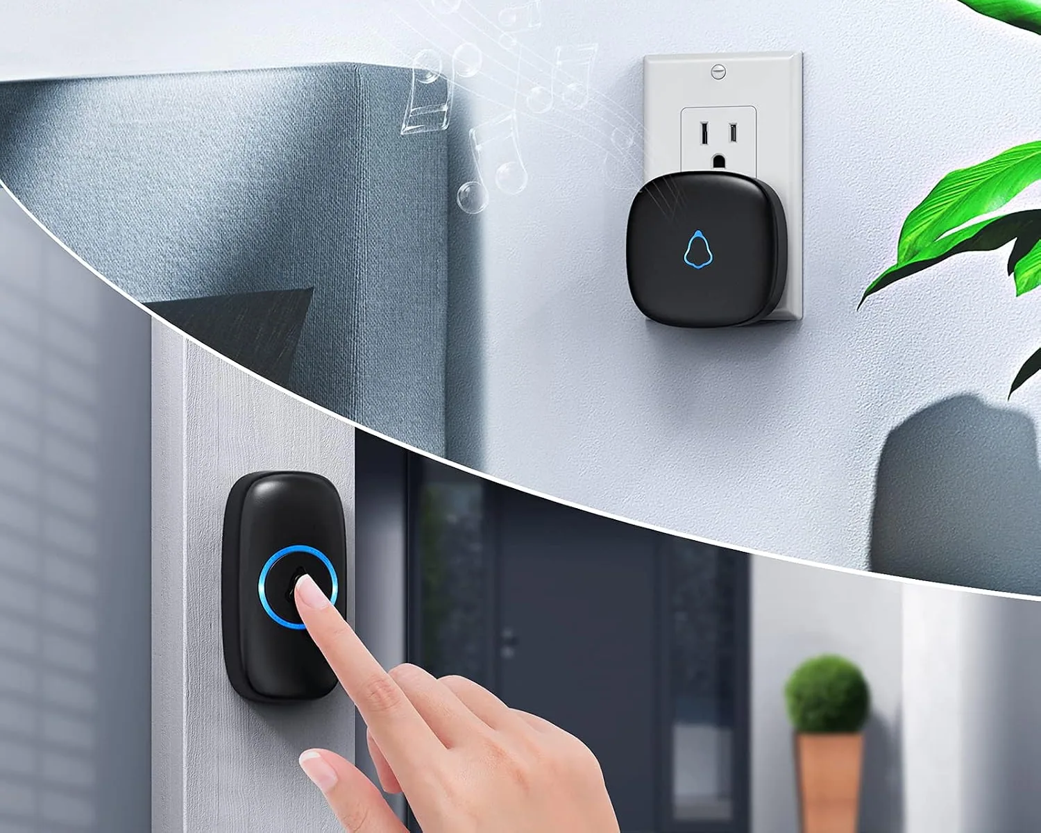 A finger pressing a SECRUI doorbell button beside a front door, with the plug-in chime in a wall outlet